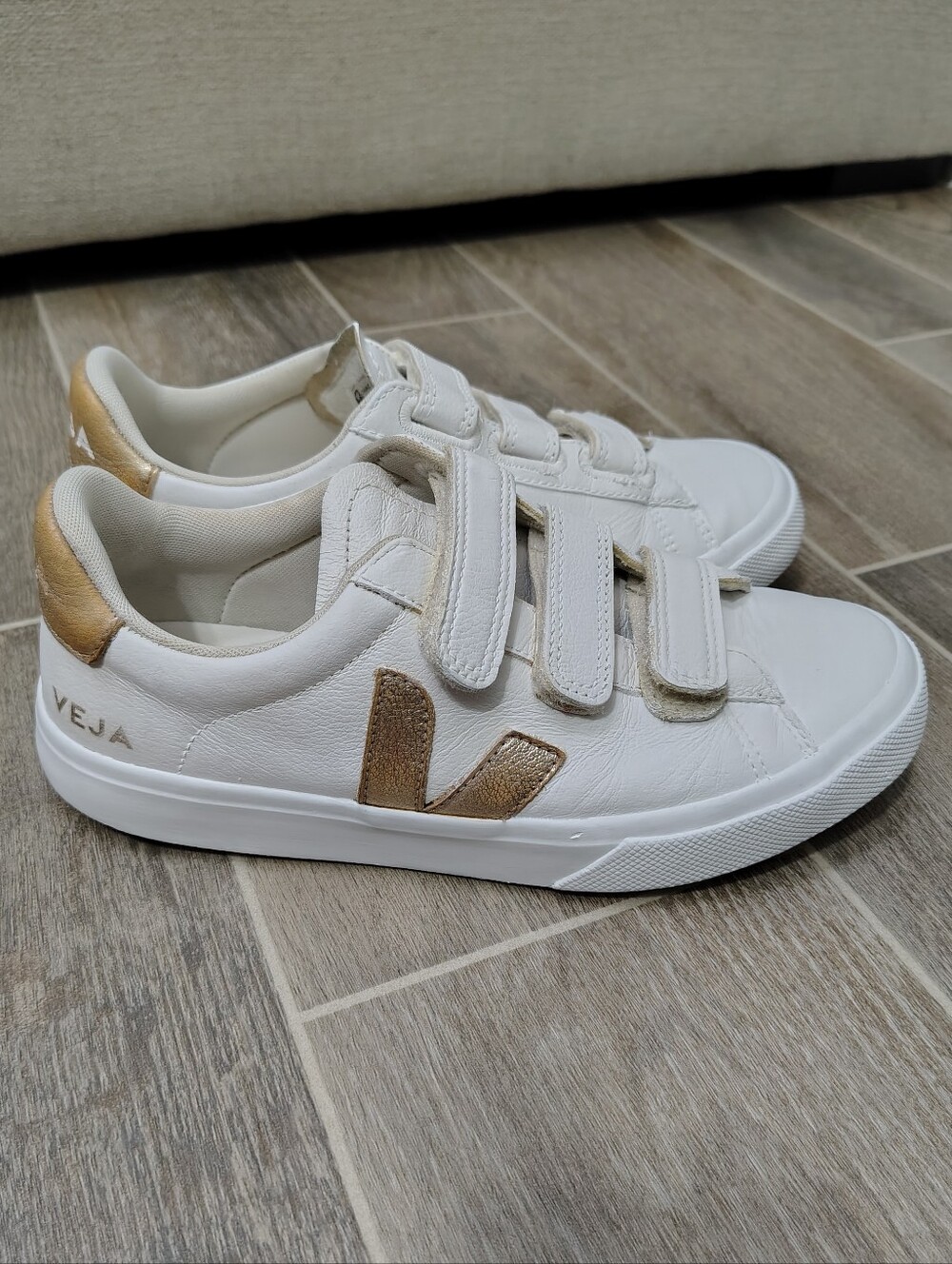Veja Women's White Sneakers with Metallic Gold V Logo and Heel